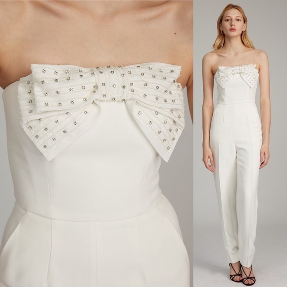NWT SALONI Sabine Embellished Bow Cady Jumpsuit In Ivory - Picture 1 of 15
